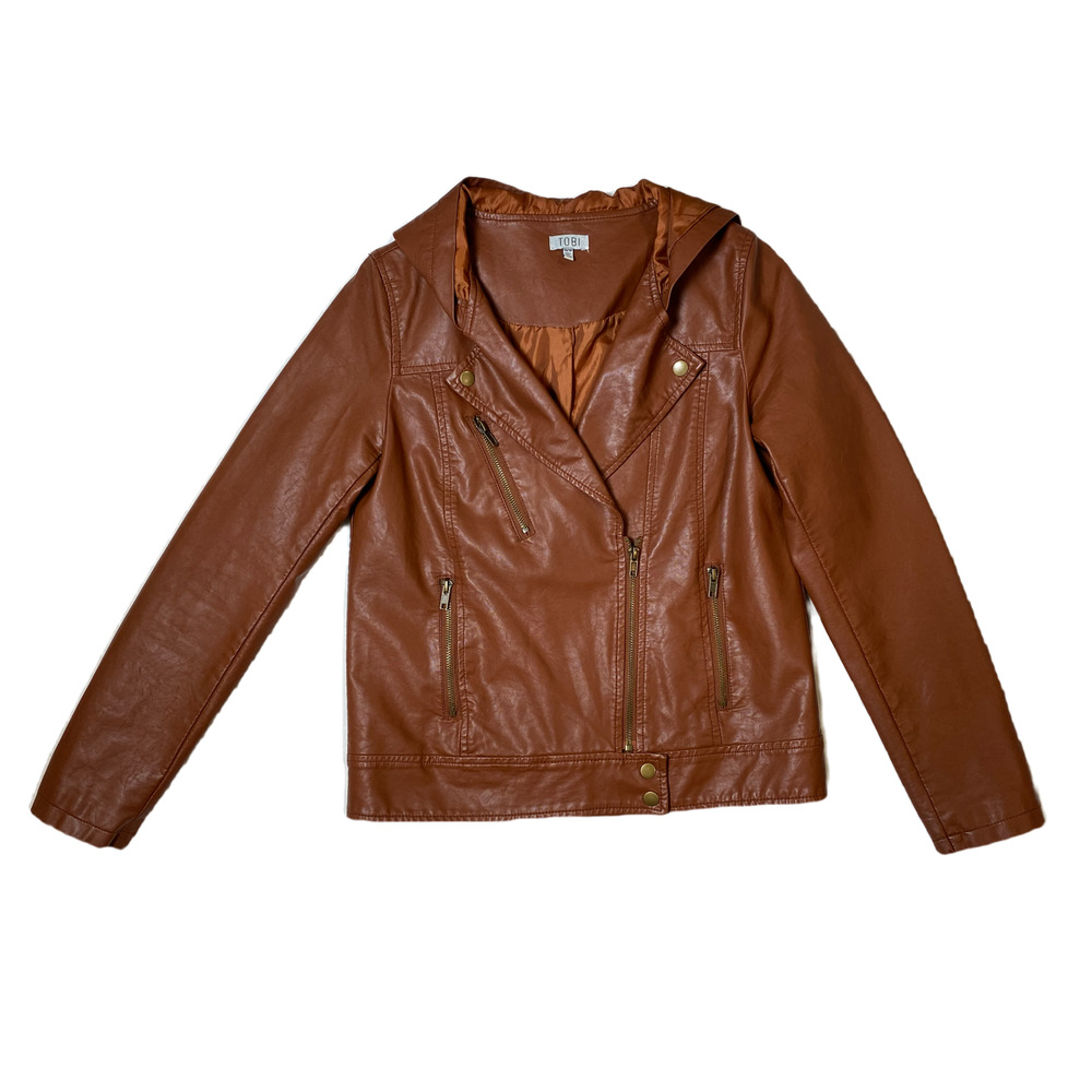 Tobi Brown Faux Leather Jacket with Hood Size XS